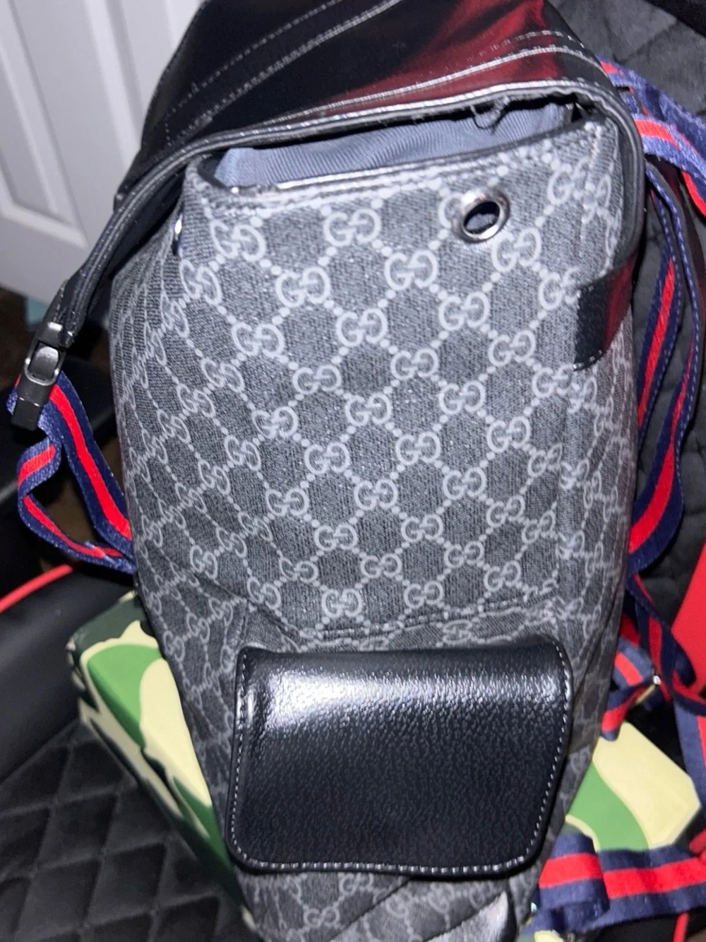 Gucci Gray GG Supreme Canvas Backpack with Red and Blue Web Straps